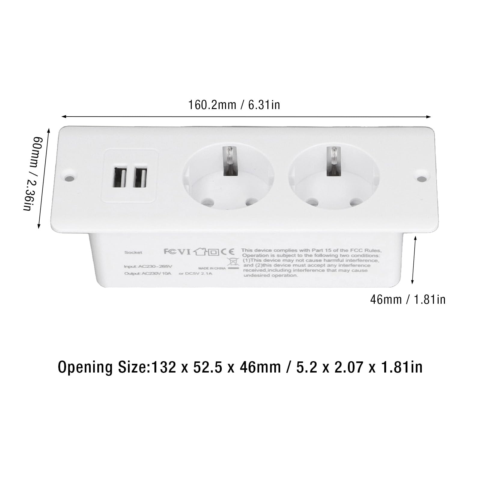 Hub di Alimentazione Presa Multipla Scrivania Incasso 2 USB 2 Porte CA 230-265 V 10A Tavolo Incorporata Spina UE per Attrezzature Meccaniche per Mobili (WHITE)