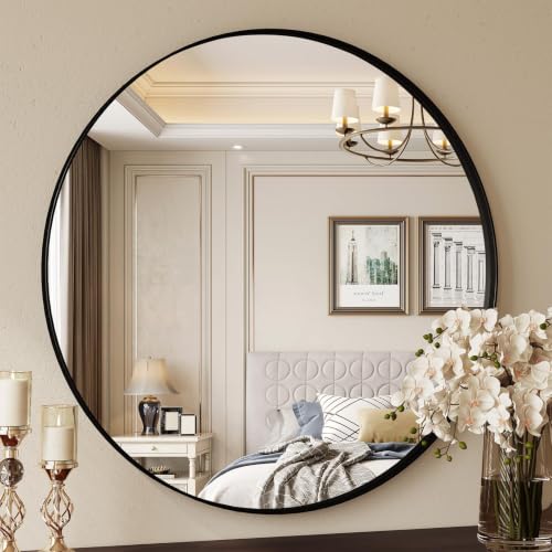 Image of Clevich Round Wall Mirror 80cm, Black Framed Circle Mirror with Tempered Safety Glass, large Decorative Hanging Vanity Mirror for Wall, Hallway, Bathroom, Living Room & Bedroom Decor