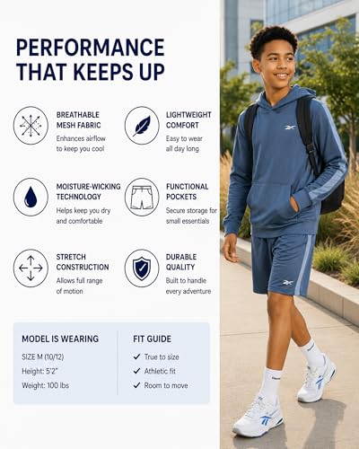 Image of Reebok Boys Active Shorts Set - 2 Piece /3 Piece Athletic Performance Stretch Hoodie Sweatshirt Gym Shorts and Shirts for Boys