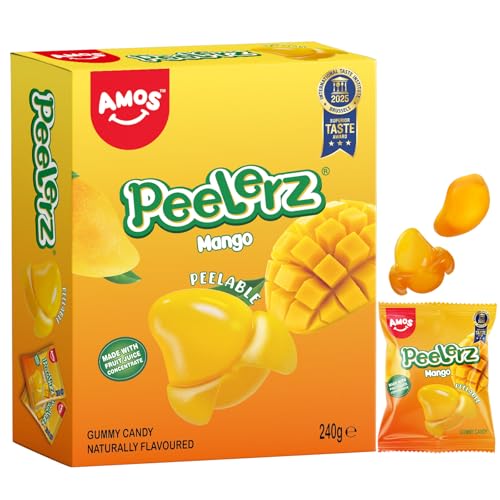 AMOS Peelerz Gominolas Chuches, Mango Pelable San Valentin Caramelos Regalo, 3D Fruta Pelar Divertirse Chuches, Blandos Chucherias Gomas Detalle Celebrar Regalo - Presentación Caja 240G