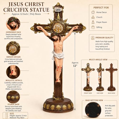Image of KariGhar Resin The Holy Cross Standing Cross with Lord Jesus Christ for Altar, Table, Prayer Room, Housewarming, Gifting and Decoration Multicolour Figurine 12 Inch