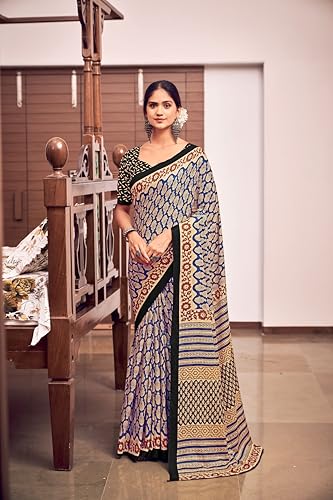 Image of Ikkat Hand Print Soft Mul Cotton Lightweight Saree with Blouse Piece, Multicolour