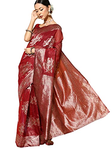 Image of AKHILAM Women's Floral Linen Zari Saree With Unstitched Blouse Piece (FF0LNJCQ09 Parent)