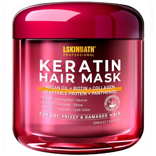 LSKINBATH Keratin & Collagen Repair Hair Mask for Damaged Hair | Deep Conditioner Revives Dry, Frizzy, Bleached & Color-Treated Hair | With Argan Oil & Biotin | Treatment for Split Ends | 500ml