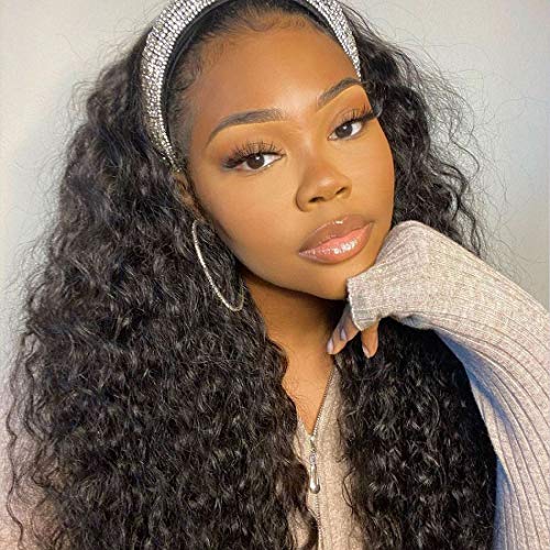 20 Inch Loose Deep Headband Wigs for Black Women Brazilian Virgin Human Hair Wigs Natural Color Non Lace Front Full Machine Made Deep Wave Curly Human Wigs with Headband ( Natural Black)