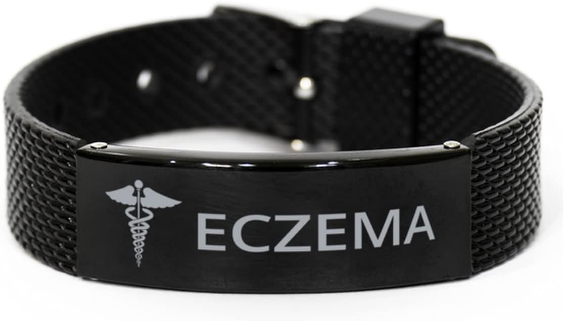 Medical Black Shark Mesh Bracelet, Eczema Awareness, Medical Symbol, SOS Emergency Health Life Alert ID Engraved Stainless Steel Jewelry Silver Adjustable Bracelet for Women Men Teen