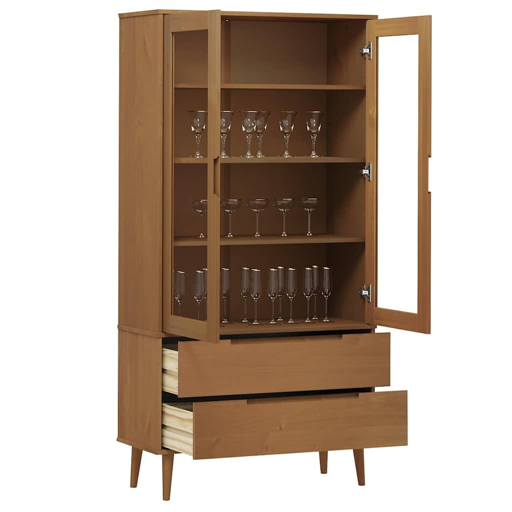 Vitrina escandinava de madera maciza de pino marrón con acabado lacado UV y 2 cajones y 4 compartimentos