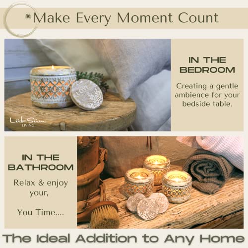 Gift Set Of Pearl White & Brushed Gold Tealight Boho Candle Holders. Includes 3 Unique Decorative Patterns, 3 Soy Wax Votive Candles, 3 Handcrafted Wood-Washed Lids With Etched Affirmations By Luksum #TOP3