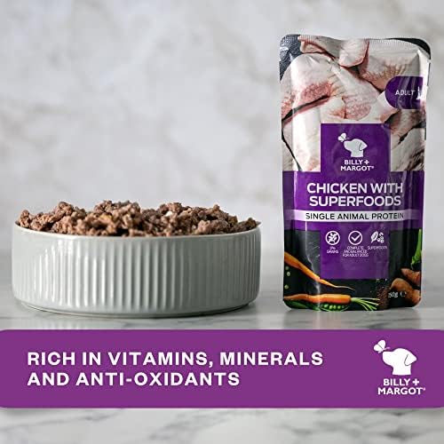 Billy + Margot Wet Dog Food Pouches. Multipack 12 x 150g, 100% Natural Dog Food Wet - Premium Chicken + Superfoods. Grain Free Dog Food for Adult Dogs