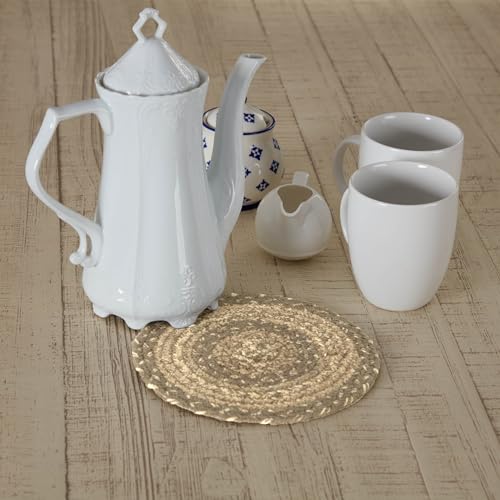 VHC Brands Cobblestone Trivet Hot Pad for Pots Pans, Tan Grey White, Jute Blend, Round Circle, 8 Inches