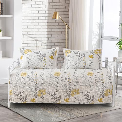 Image of Jarson 3 Pcs Floral Daybed Cover Set Twin Size Yellow Gray White Flower Sofa Cover Bedding Sets Double Side Bed Set for All Season Botanical Pattern Daybed Quilt Set with Pillow Shams