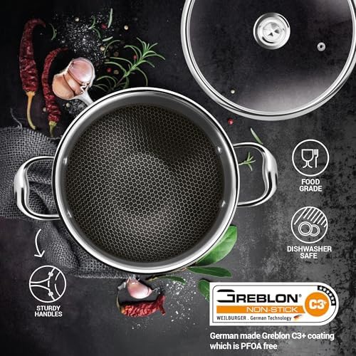 Image of MILTON Pro cook Induction Cookware & Gas Stove Friendly Triply Stainless Steel Hexa Tech Honeycomb Kadhai with Glass Lid 30cm | GREBLON C3+ Non-Stick Coating | Metal Spoon Friendly | 3Y Warranty