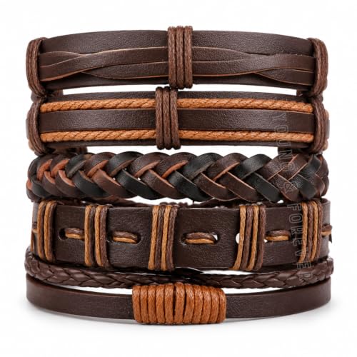 Image of Young & Forever Multi-Pack Men's Leather Bracelet Set - Braided Rope, Vintage Bead, Gothic Punk Skull, & Boho Wrapped Multi-Layer Cuff Wristbands, Adjustable Jewelry Pack