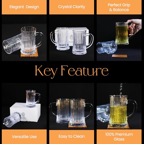 Image of Melbify Beer Mug | 550 ml | Set of 2 | Ribbed Design | Mug with Handle | Classic Beer Glasses | Premium | Heavy | Perfect for Beer, Cider,Cocktails,Mocktails | Gift Set
