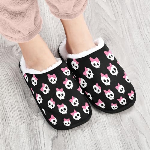 Cartoon White Skull Bow Slippers For Women Men Soft Memory Foam Non-Slip Halloween Winter Indoor House Shoes Travel Slipper4