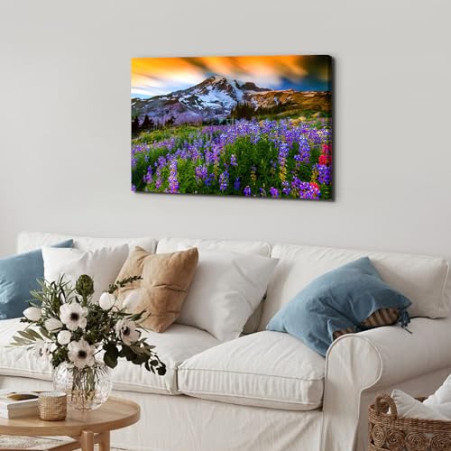 Image of Nature Flowers Landscape Wall Art Mountain Canvas Artwork Purple Floral Picture Wall Decor, Modern Wilderness Scenic Framed Painting for Living Room Bedroom Bathroom Office Home Decoration 16x24 inch