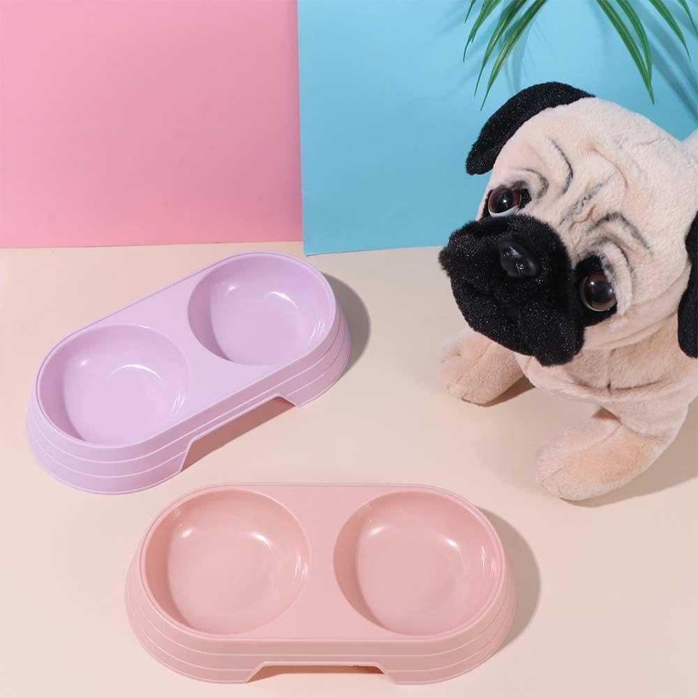 Portable Double Pet Bowls for Cats & Small Dogs – Grey/Pink