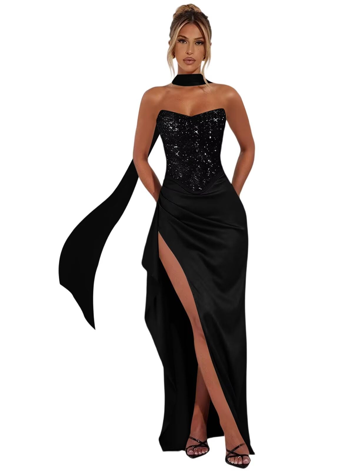 Strapless Sequin Satin Prom Dresses with Scarf Mermaid Long Formal Evening Party Dress 2026