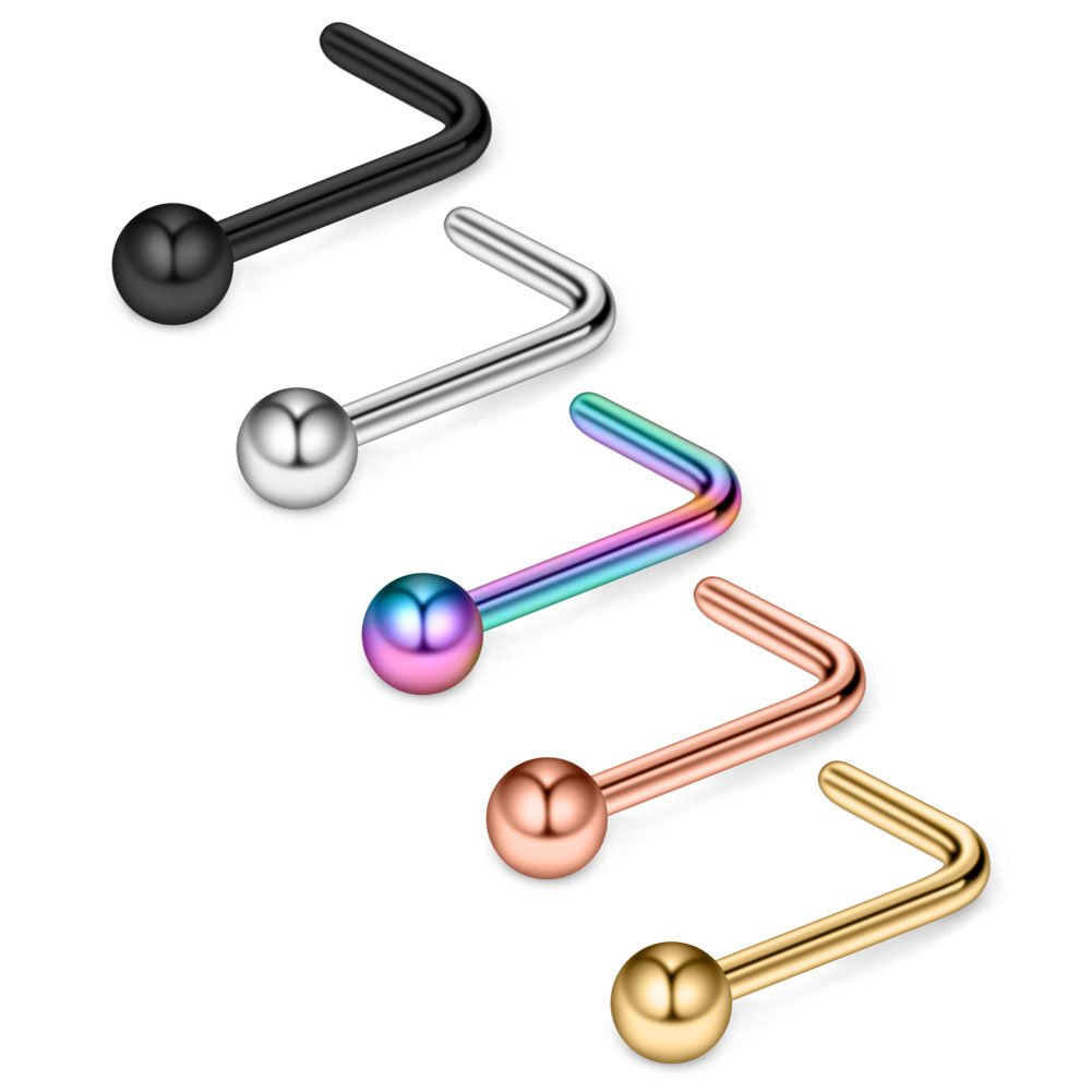 Ruifan 5PCS Surgical Steel Curved Nose Stud Ring L Shaped with 1.5mm-3mm Ball Piercing Jewelry 22G 20G 18G