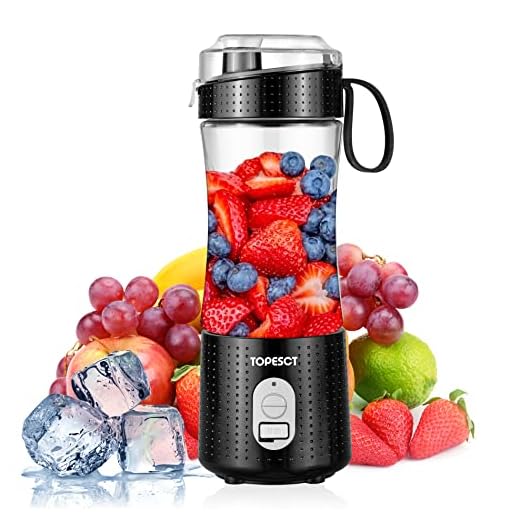 TOPESCT Batidora portátil, mezclador personal de frutas recargable con USB, mini licuadora para batidos, zumo de frutas, batidos de leche 380ml, seis cuchillas 3D para gran mezcla (negro)