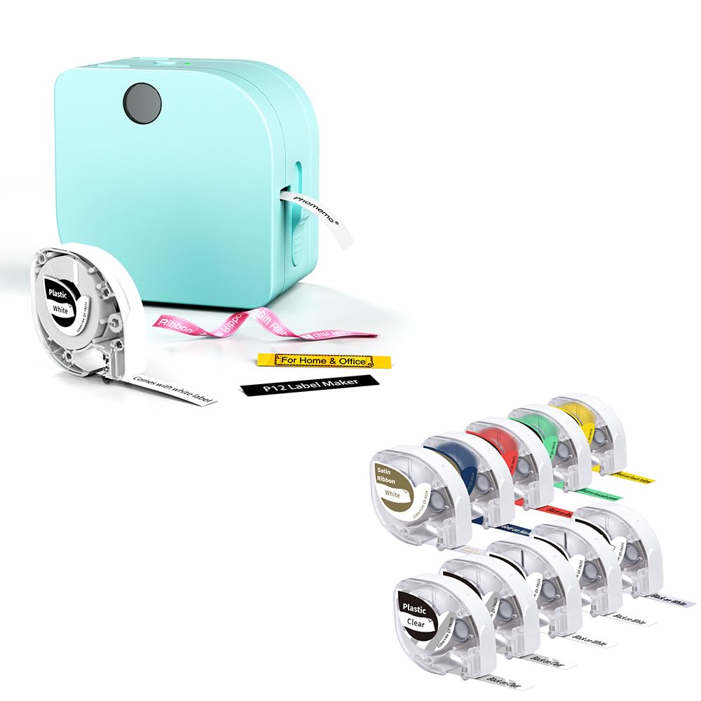 Phomemo P12 Etichettatrice con 10 Nastri (Raso/Termoadesivo/Plastica), Stampante di Etichette Bluetooth Portatile, Set Regalo per Casa, Scuola e Ufficio, Compatibile con iOS e Android, Verde