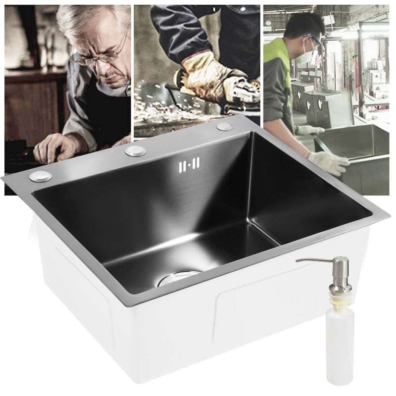 Fregadero Cocina 1 Seno 50 x 45 cm Acero Inoxidable Negro con Desagüe y Dispensador de Jabón, Fregadero Sobre Encimera o Enrasado