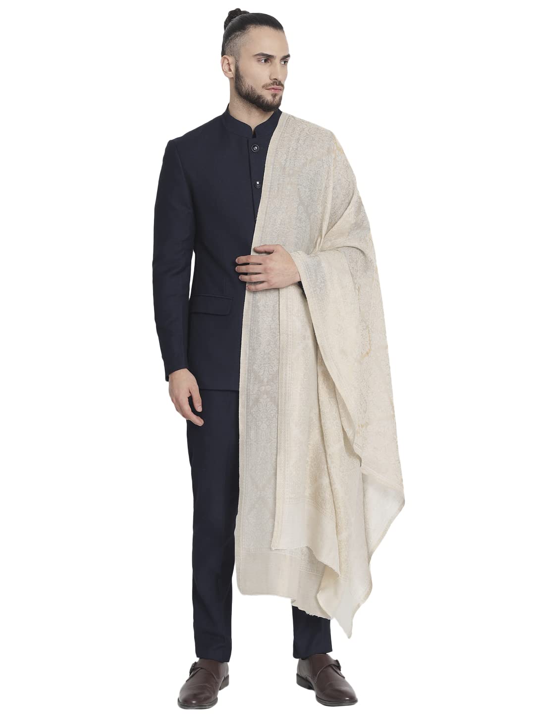 Pashtush Mens Twilight Collection, Jacquard Stole, With Metallic Thread Weave, Fine Wool - English Ivory 2