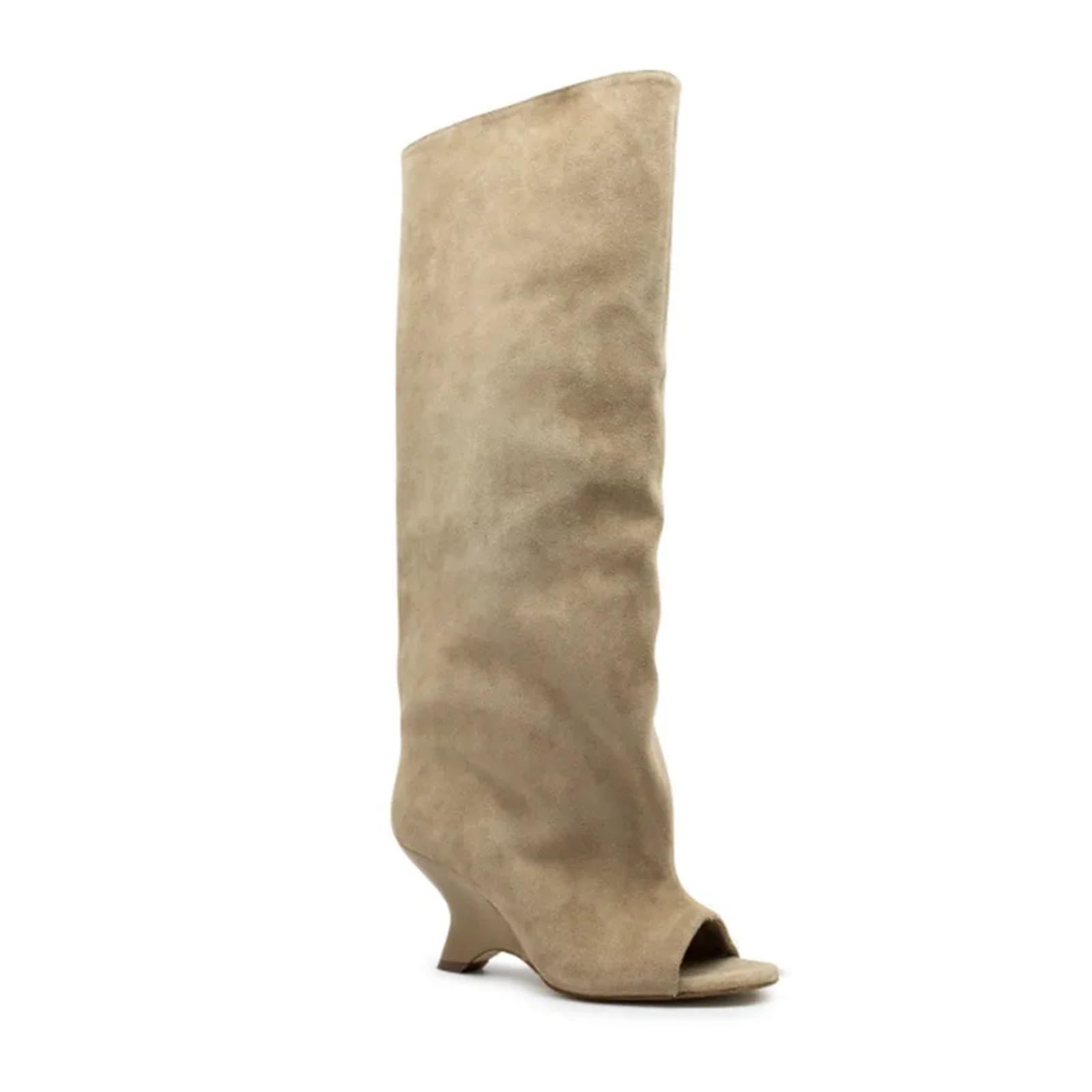 Kniehohe Winterstiefel Braune Wildleder Peep Toe Wedges Kniehohe Stiefel Round