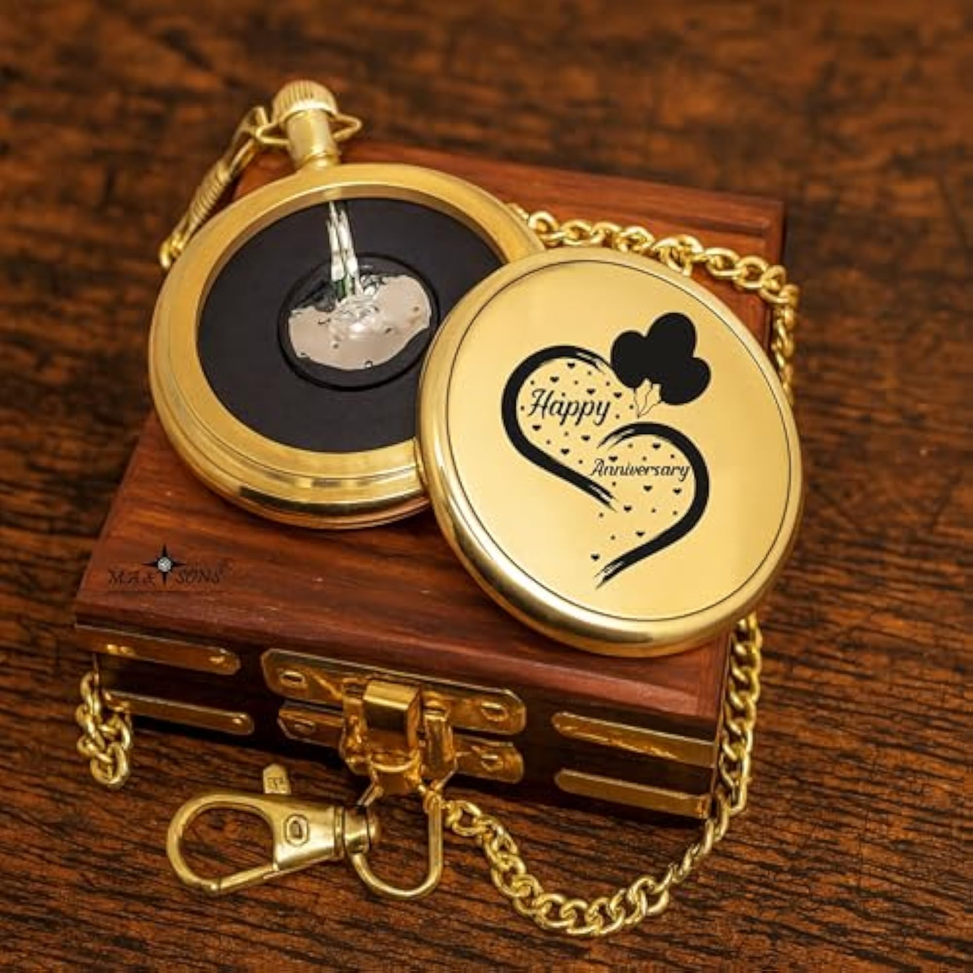 Personalized Brass Pocket Watch with Wooden Gift Box