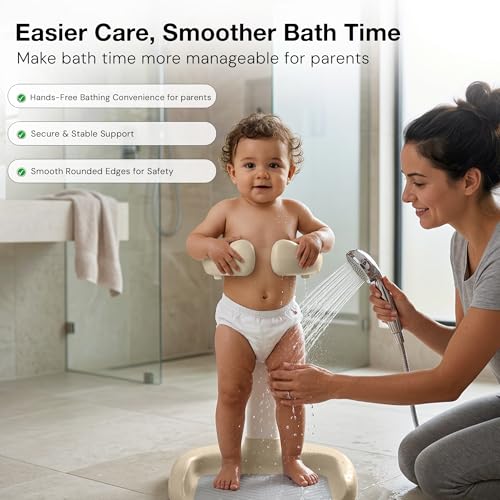 Image of BAYBEE Shower Bath Stand for Baby for 0 - 3 Years for Kids | Duck Design Baby Standing Bath Stand with Adjustable Height & Width | Portable Kids Bathstand with Shower Holder & Anti-Slip Base (Beige)