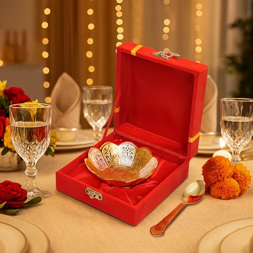 R Ayurveda Copper Silver and Gold Plated Metal Bowl Set with Spoon in Floral Pattern Best Wedding Return Gift. in Velvet Gift Box.