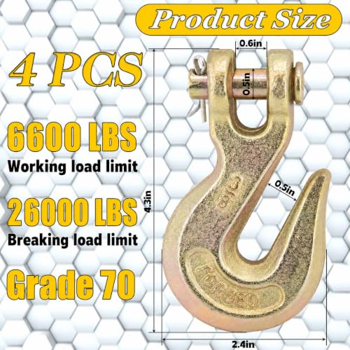 Image of 3 /8 inch Clevis Grab Hooks (Set of 4) Heavy Duty Chain Hook for Truck Trailer, Grade 70 Chain Forged Alloy Steel Chain Hook for Trailer Truck Transport - 26,000 LBS Capacity