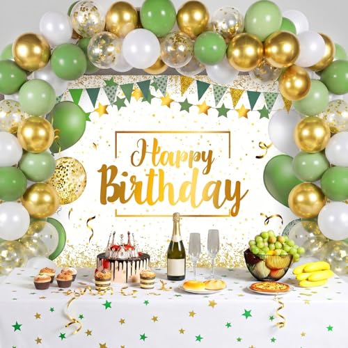 Image of Tatuo Sage Green Birthday Confetti Balloons Kit Set Photography Backdrop Banner Package for Boys Girls Men Women Birthday Party Decorations Supplies Rustic Boho Favors (Green and Gold)