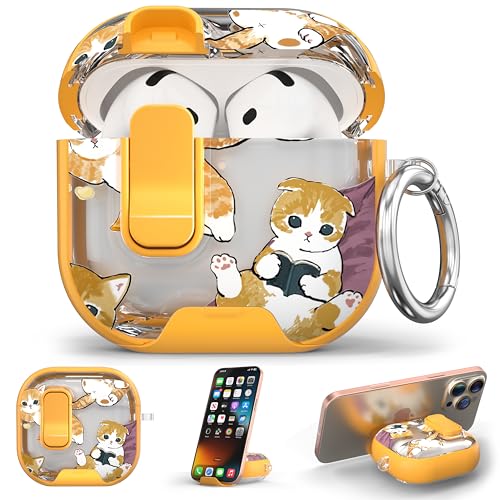 Image of for AirPods 4 Case 2025 with Safety Lock & Foldable Phone Stand, Yellow Cat | Double Drop Protection,Two-Piece Design, Airpod 4 Case with Keychain & Cleaner Kit, Support Wireless Charging, Shockproof