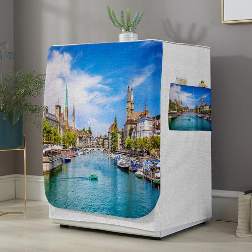 Highdi Funda de Lavadora Cubierta Exterior,Adapta a la Mayoría de Lavadoras y Secadoras de Carga Frontal Protector Solar a Prueba de Polvo (Paisaje Urbano 6,L Capacidad 10.5~12 KG)