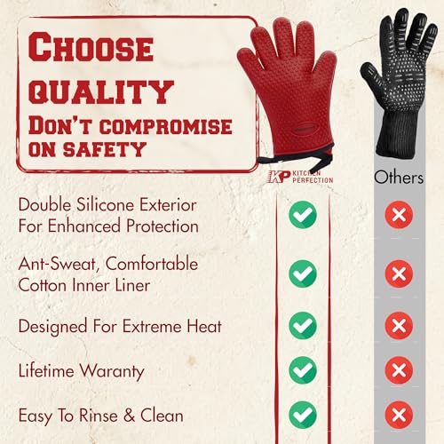 Image of KITCHEN PERFECTION Silicone Pizza Oven Gloves -Extreme Heat Resistant Gloves for Outdoor & Indoor Pizza Ovens -Waterproof Oven Mitts Compatible with Ooni, Ninja, Gozney & More|Superior Set+3 Bonuses