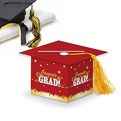 Image of 2026 Graduation Party Card Box, Red Gold Congrats Cap Card Holder Box with Tassel for 2026 Graduation Party Decoration