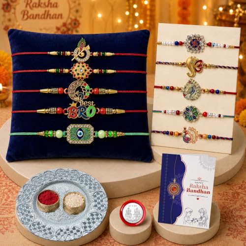 Image of DeoDap Rakhi Gift Set for Brother | Pack of 10 Designer Rakhi with Pooja Thali, Roli Chawal, Silver Color Pooja Coin & Greeting Card | Raksha Bandhan Gift Combo for Bhai