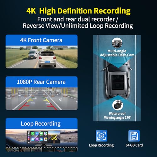 Image of Largest 11.5 inch Wireless CarPlay Screen for Car, A-pple CarPlay & Android Auto HD Touchscreen with 4K Dash Cam /1080P Backup Camera /Navigation /Bluetooth /Voice Control /FM /Mirror Link,for All Vehicles