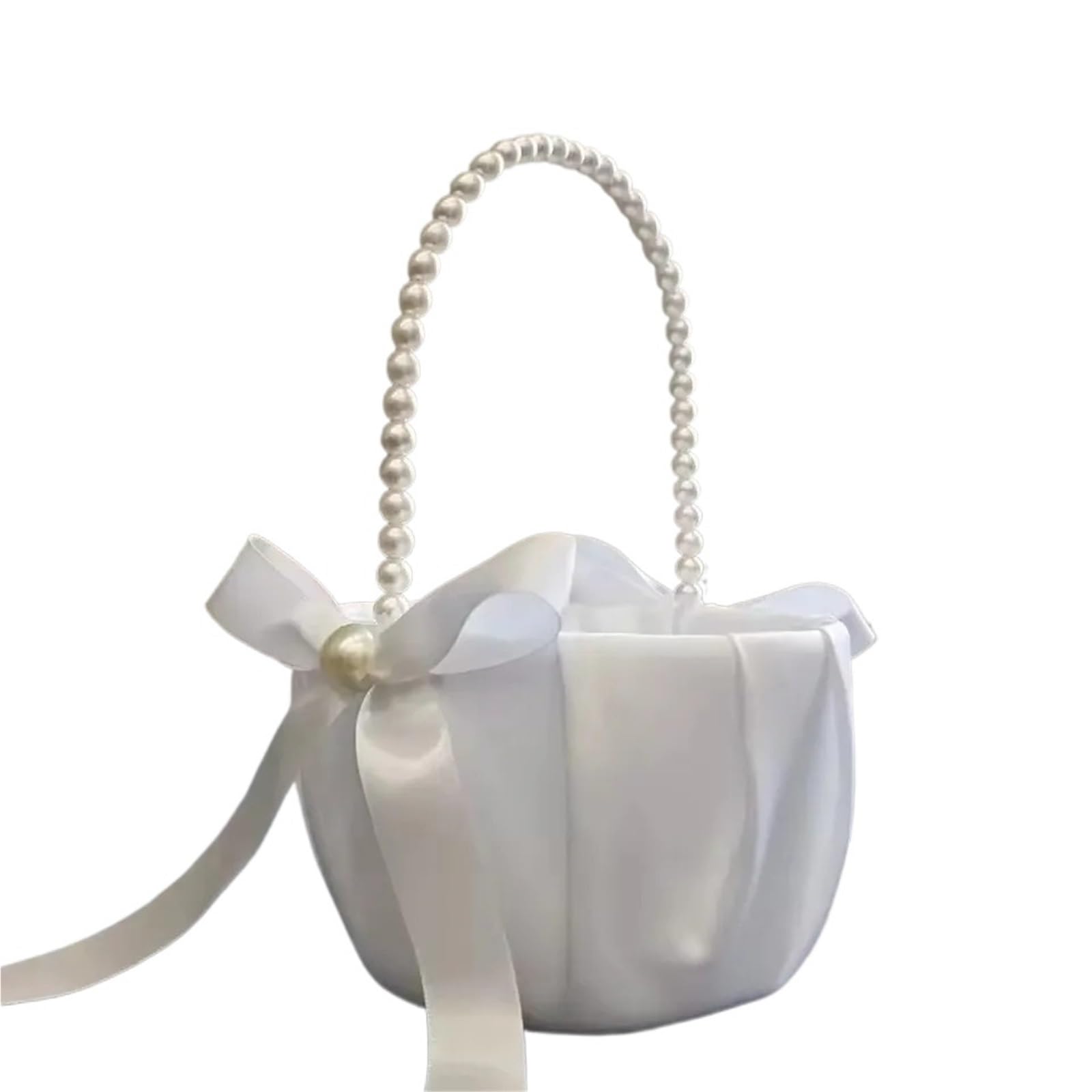 Flower Girl Bow Basket White Satin Pearl Handle