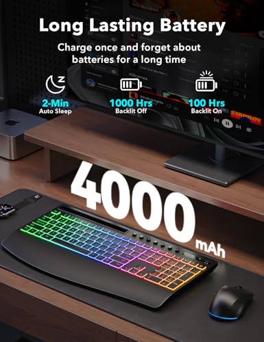 Image of Wireless Keyboard and Mouse Combo - 4000mAh Rechargeable Backlit Keyboard with Wrist Rest & Phone Holder, Full Size Quiet Typing 2.4G USB-A /Type-C for PC, Laptop, Windows, Mac, Trueque KM22 Ultra