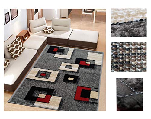 Alfombra de Salón Frise Pelo Largo Tupido Cuadrados Geometricos Modernos Color (Gris, 160_x_210 CM)