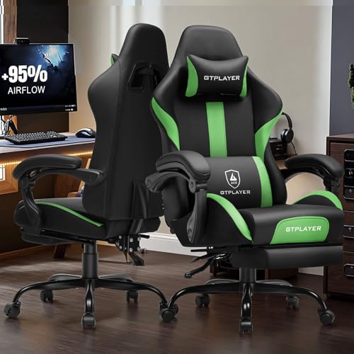 Image of GTPLAYER Gaming Chair with Pocket Spring Cushion, Leather Office Chair with Ergonomic High Back & Lumbar Support for Back Pain Relief, Computer Game Chair for Adults, Grass Green