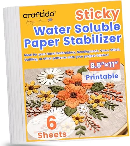 craftido 8.5"x11" 6PCS Sticky Water Soluble Embroidery Stabilizer Printable Dissolving Paper Medium Weight Allowed for Print or Draw Patterns Best for Hand & Machine Embroidery