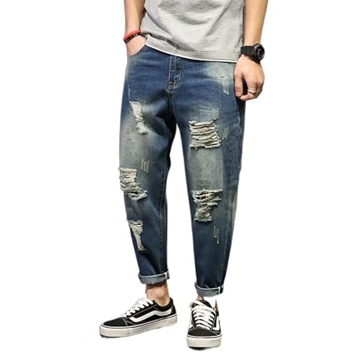 QJJKJDS Jeans Rasgados Da Primavera E Outono Jeans De Nove Pontos HAREM FOLHO PALHAS DE MENINAS MENI