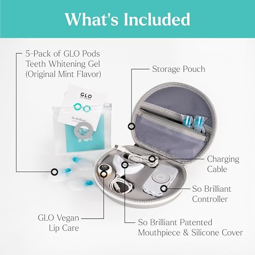Image of GLO Science So Brilliant Tooth Whitener Set - Fast, Sensitivity Free Teeth Whitening Technology - Includes Warming Mouthpiece with LED Light, 6% Hydrogen Peroxide Gel Pods, Lip Balm, & Travel Case