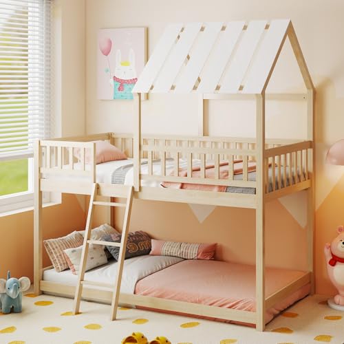 Opiniones de Literas en Monterrey para comprar online. 45 Giantex - Litera de casa individual sobre individual, marco de cama baja con techo, litera de madera con escalera y barandas de longitud completa, cama individual para niños,...