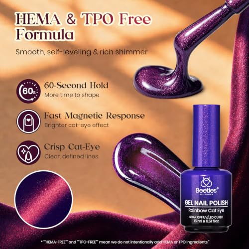 Image of Beetles Purple Cat Eye Gel Polish with Iridescent Effect | 15ml Purple Red Sunset Blaze Holographic Reflective Magnetic Glitter Gel for Women UV Curing Nail Art DIY Manicure Gift