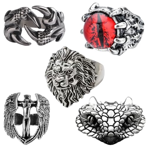 LIUYIDM 5 Pièces Bagues CrâNe Homm, Réglables Bague Tete de Mort, Acier Inoxydable Rock Skull Anneaux, Style Rétro Gothique Crâne Bijoux, pour Homme Fête...