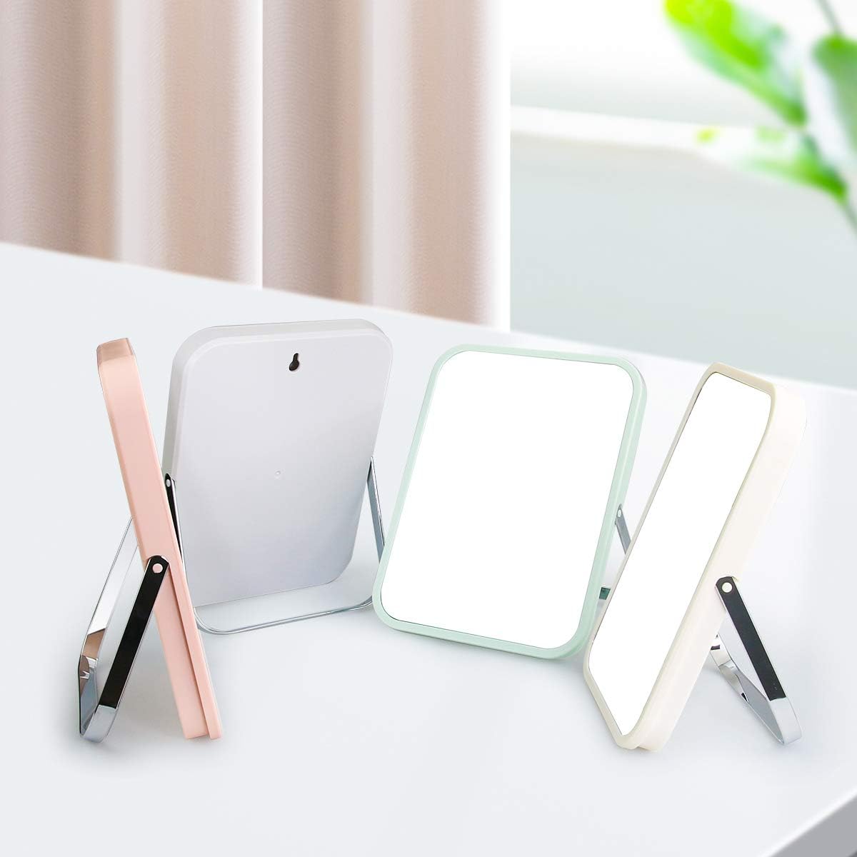 Tabletop Makeup Mirror, Square Foldable Vanity Mirror, 8-Inch Portable Folding Mirror with Metal Stand, Table Desk Standing Wall Hanging 90°Adjustable Dual-Purpose Cosmetic Mirror(Green) -